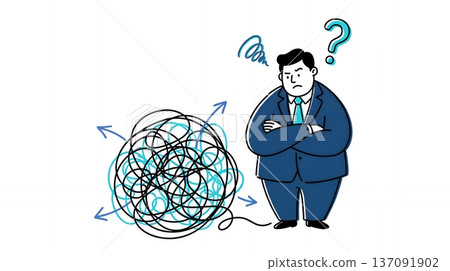 一位商人雙臂交叉在胸前，憂心忡忡地思考著一個複雜的難題，卻找不到解決方法。 137091902