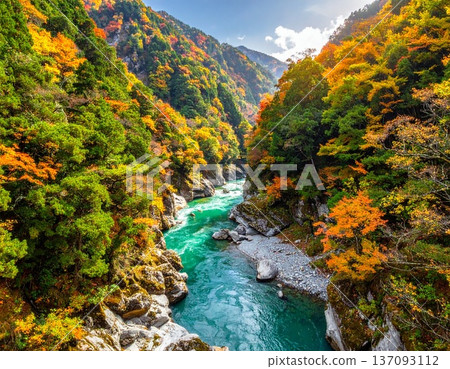 【AI生成影像】日本自然美景－黑部峽V字形峽谷全景圖 137093112