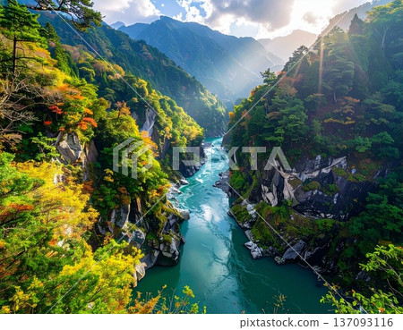 【AI生成影像】日本自然美景－黑部峽V字形峽谷全景圖 137093116