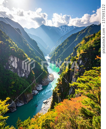 【AI生成影像】日本自然美景－黑部峽V字形峽谷全景圖 137093122