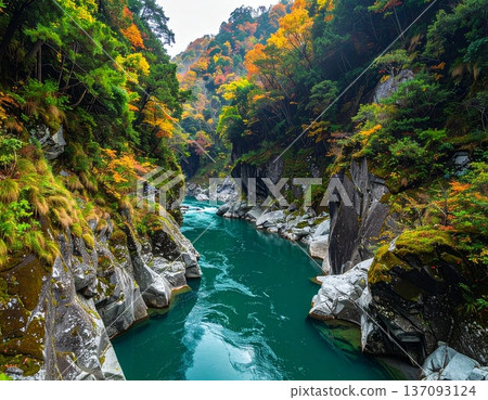 【AI生成影像】日本自然美景－黑部峽V字形峽谷全景圖 137093124