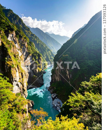 【AI生成影像】日本自然美景－黑部峽V字形峽谷全景圖 137093126