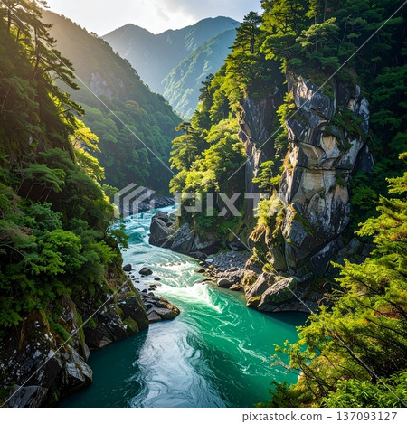 【AI生成影像】日本自然美景－黑部峽V字形峽谷全景圖 137093127