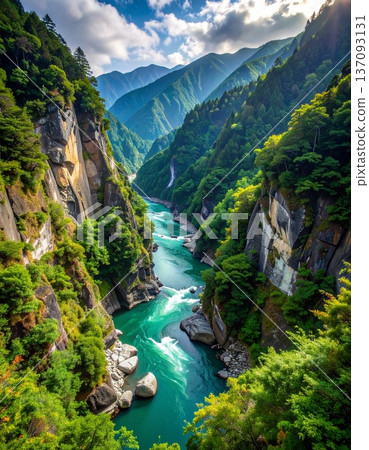 【AI生成影像】日本自然美景－黑部峽V字形峽谷全景圖 137093131