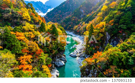 【AI生成影像】日本自然美景－黑部峽V字形峽谷全景圖 137093133