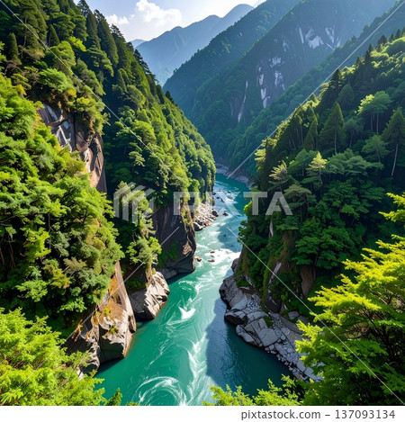 【AI生成影像】日本自然美景－黑部峽V字形峽谷全景圖 137093134