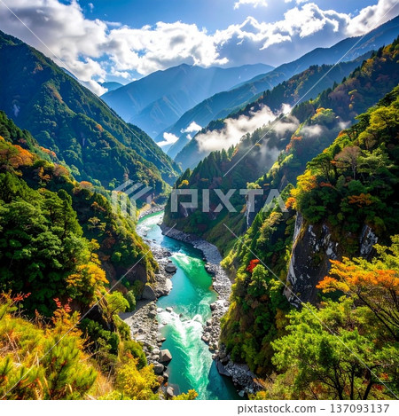 【AI生成影像】日本自然美景－黑部峽V字形峽谷全景圖 137093137