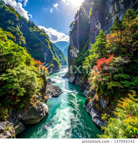 【AI生成影像】日本自然美景－黑部峽V字形峽谷全景圖 137093142