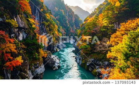 【AI生成影像】日本自然美景－黑部峽V字形峽谷全景圖 137093143