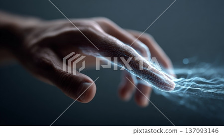 Index finger touching digital surface, interacting with glowing ai network data flow, symbolizing connection between human and artificial intelligence 137093146