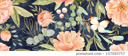 Delicate peonies in soft peach tones watercolor seamless pattern on blue. Hand-painted with high detail, perfect for wedding invitations, branding, packaging, fabric design, cards. Gold, green leaves. 137093757