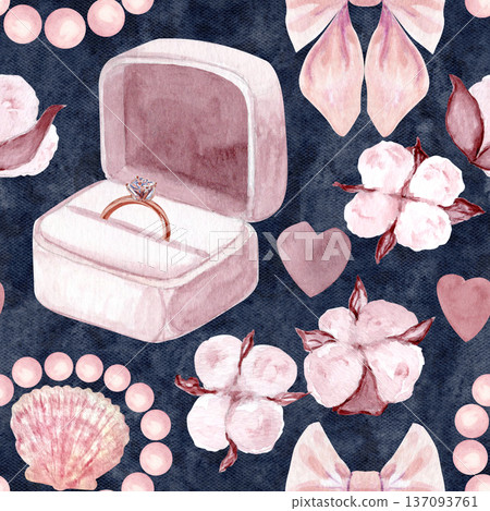 Open ring box, engagement ring, shell, pearls, cotton flowers, ribbon, hearts. Hand painted seamless watercolor pattern on dark background. Perfect for wedding stationery, textile, surface design. Open ring box, engagement ring, shell, pearls, cotton flowers, ribbon, hearts. Hand painted seamless watercolor pattern on dark background. Perfect for wedding stationery, textile, surface design. 137093761