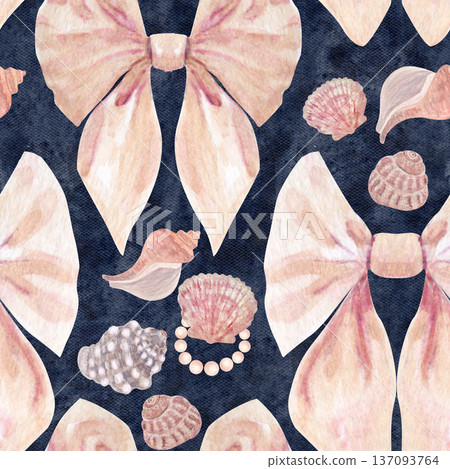 Seamless watercolor pattern with soft pink bow, pearl circle, seashells on blue background. Elegant hand-painted coastal wedding design, perfect for invitations, stationery, packaging, romantic decor 137093764