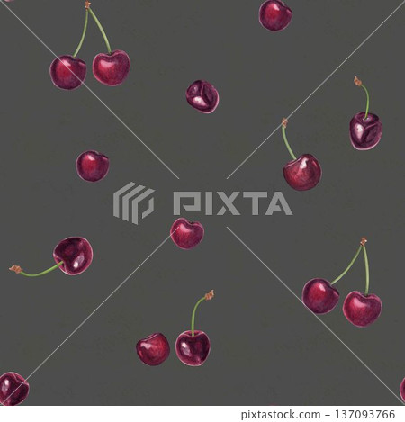 Hand painted watercolor seamless pattern with ripe cherry berries on dark gray green background. Created for premium food packaging, textile prints, wrapping paper and modern surface design. Hand painted watercolor seamless pattern with ripe cherry berries on dark gray green background. Created for premium food packaging, textile prints, wrapping paper and modern surface design. 137093766