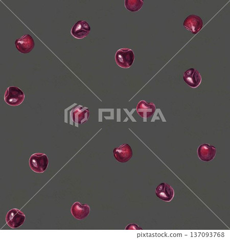 Ripe cherry berries, hand painted watercolor seamless pattern isolated on grey green background, fruit surface design for food packaging, textile prints, wrapping paper, branding and decorative 137093768