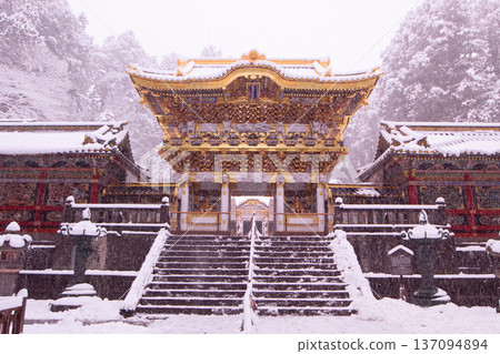 Nikko City, Nikko Toshogu Shrine, Yomeimon Gate in snow 137094894