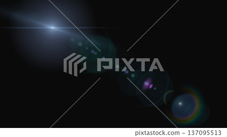 Lens flare effect with multicolored reflections and diagonal light trail 137095513