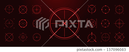 Futuristic Hud crosshair red. Tech asset or brain research with bullseye precision. Colorful buttons and exploding progress for vision and Sci Fi system exploration. Flat Vector illustration Futuristic Hud crosshair red. Tech asset or brain research with bullseye precision. Colorful buttons and exploding progress for vision and Sci Fi system exploration. Flat Vector illustration 137096083