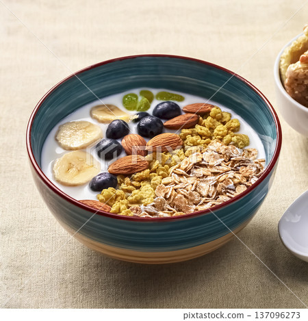 Fruit and nut cereal bowl | Healthy breakfast with plenty of milk 137096273