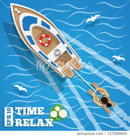 Girl water skiing. View from above. Vector illustration. 137096604