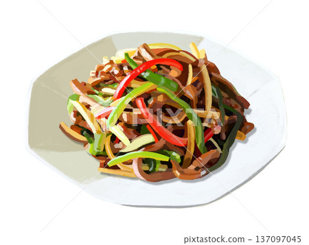 Green pepper and pork stir-fry on an octagonal plate Green pepper and pork stir-fry on an octagonal plate 137097045