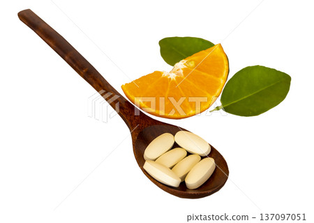 vitamin c pills dietary supplement for health care of lifestyle with fruits orange cut 137097051