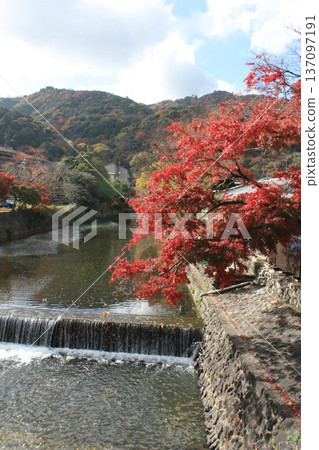 河岸邊,秋葉色彩斑斕,山巒疊嶂。 河岸邊,秋葉色彩斑斕,山巒疊嶂。 137097191