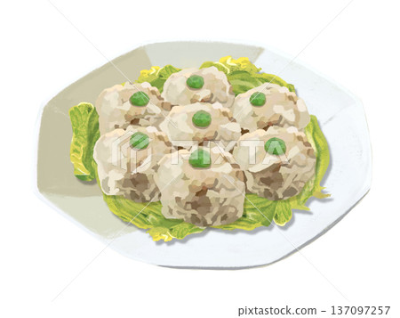 八角形盤子裡的肉燒賣(配青豆) 八角形盤子裡的肉燒賣(配青豆) 137097257