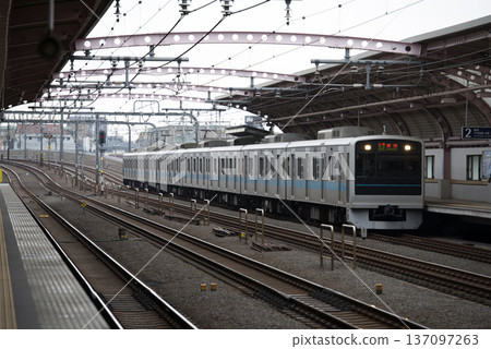 A train arriving at Umegaoka Station on the Odakyu Line A train arriving at Umegaoka Station on the Odakyu Line 137097263