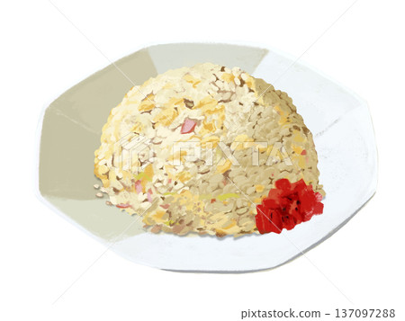 八角形盤子盛裝的炒飯配福神漬泡菜 八角形盤子盛裝的炒飯配福神漬泡菜 137097288