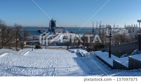 Snowy winter cityscape of UNESCO historic center of Odessa, Ukraine 137097875