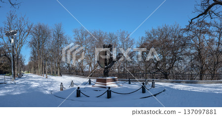 Snowy winter cityscape of UNESCO historic center of Odessa, Ukraine 137097881
