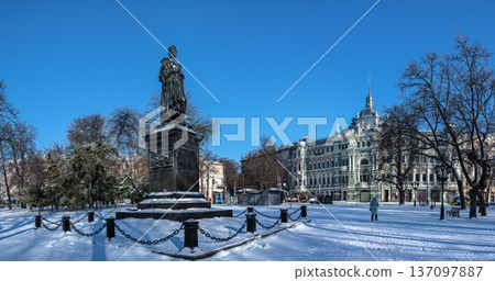 Snowy winter cityscape of UNESCO historic center of Odessa, Ukraine 137097887