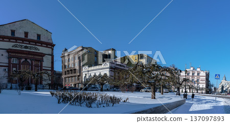 Snowy winter cityscape of UNESCO historic center of Odessa, Ukraine 137097893