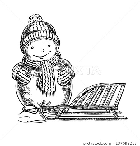 Christmas snowman and sled. Black and white graphics, handmade vector illustration. Cute snowman wearing a warm hat, scarf, and mittens. Perfect for postcards, posters, banners, packaging, and more. Christmas snowman and sled. Black and white graphics, handmade vector illustration. Cute snowman wearing a warm hat, scarf, and mittens. Perfect for postcards, posters, banners, packaging, and more. 137098213
