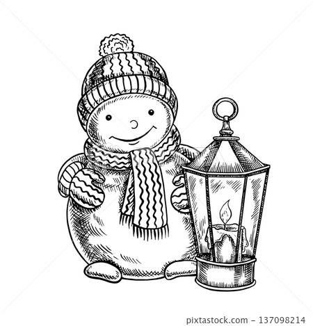 Christmas snowman and lantern in the snow. Black and white graphics, handmade vector illustration. Cute snowman wearing a warm hat, scarf, and mittens. For postcards, posters, banners, and more. Christmas snowman and lantern in the snow. Black and white graphics, handmade vector illustration. Cute snowman wearing a warm hat, scarf, and mittens. For postcards, posters, banners, and more. 137098214