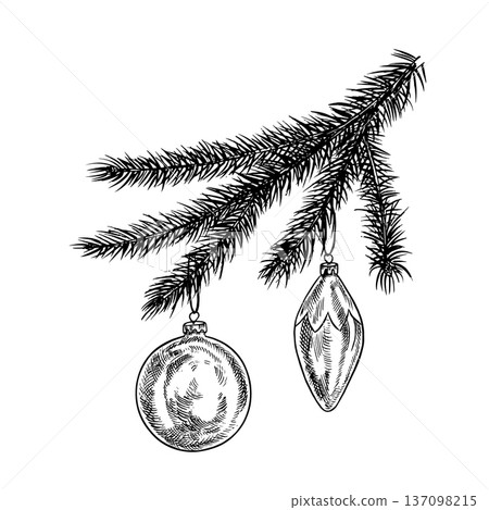 A spruce branch decorated with Christmas tree ornaments. Black and white graphics handmade vector illustration. An element of your Christmas and New Year design for greeting cards, packaging and more 137098215