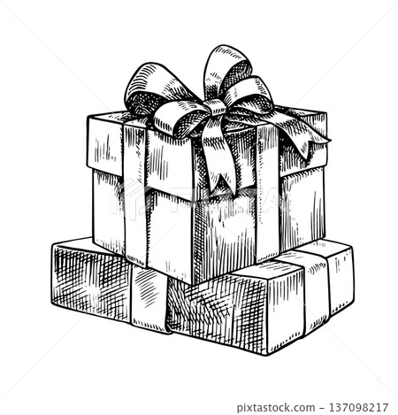 Gift boxes stacked on top of each other. Black and white graphics, handmade vector illustration. For Christmas, birthday, wedding, and other holidays. For postcards, posters, and more. Gift boxes stacked on top of each other. Black and white graphics, handmade vector illustration. For Christmas, birthday, wedding, and other holidays. For postcards, posters, and more. 137098217