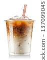 Iced latte with milk in fogged disposable plastic cup with straw isolated on white background 137099045