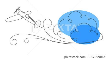 An airplane flying in the clouds. Around the world trip . line drawing. Vector illustration. 137099064