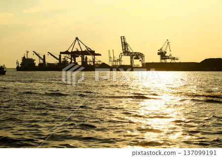 Silhouette of a gantry crane at the port bathed in the setting sun Silhouette of a gantry crane at the port bathed in the setting sun 137099191