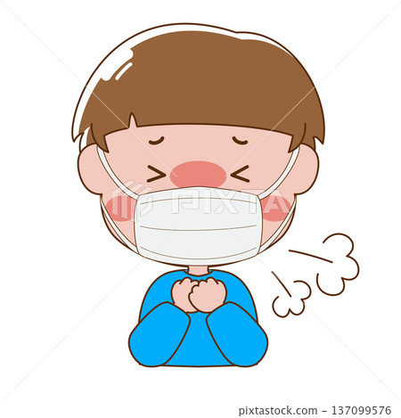 Illustration of a boy wearing a mask who has a fever and is coughing Illustration of a boy wearing a mask who has a fever and is coughing 137099576