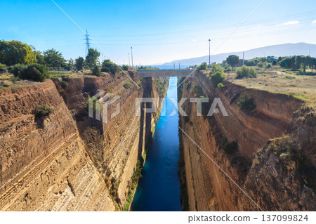 The Corinth Canal is a canal that connects the Gulf of Corinth with the Saronic Gulf in the Aegean Sea in Greece 137099824