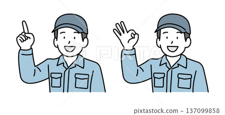 工人做出“OK”手勢並指向 工人做出“OK”手勢並指向 137099858
