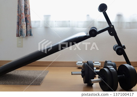 Old training equipment placed on the windowsill in the room: dumbbells and an abdominal exercise machine Old training equipment placed on the windowsill in the room: dumbbells and an abdominal exercise machine 137100417