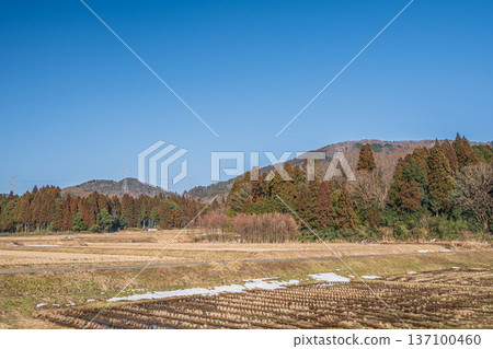 琵琶湖背靠著山巒的鄉村景色,位於滋賀縣長濱市長原町。 琵琶湖背靠著山巒的鄉村景色,位於滋賀縣長濱市長原町。 137100460
