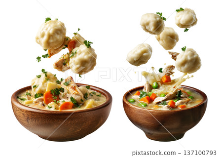 Hearty chicken and dumplings soup with peas and carrots in wooden bowl, floating dumplings, isolated on white background Hearty chicken and dumplings soup with peas and carrots in wooden bowl, floating dumplings, isolated on white background 137100793
