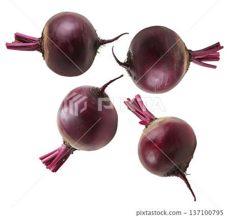 Whole red beetroots arranged in a scattered pattern, isolated on a white background, representing organic vegetables 137100795
