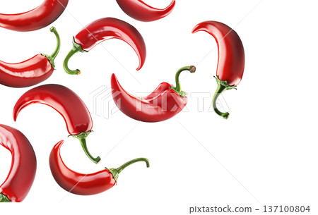 Red chili peppers arranged, isolated on white background, concept of spicy cooking ingredient 137100804