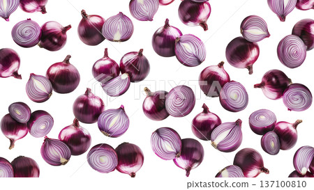 Multiple whole and sliced red onions isolated on white background, showcasing fresh food and culinary concept Multiple whole and sliced red onions isolated on white background, showcasing fresh food and culinary concept 137100810